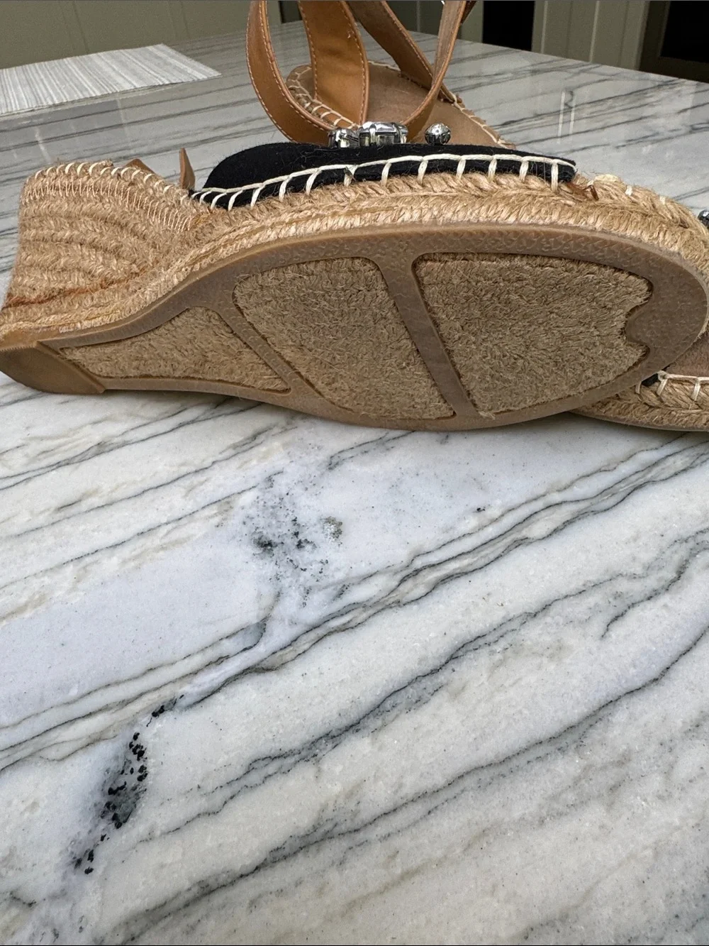 White Mountain Black Rhinestone Espadrille Wedge Sandal with Tan Ankle Strap - Picture 3 of 6